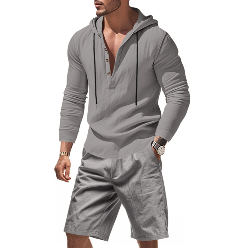 Linen Shorts Men - Heren linnen 2-delige outfit met capuchon,