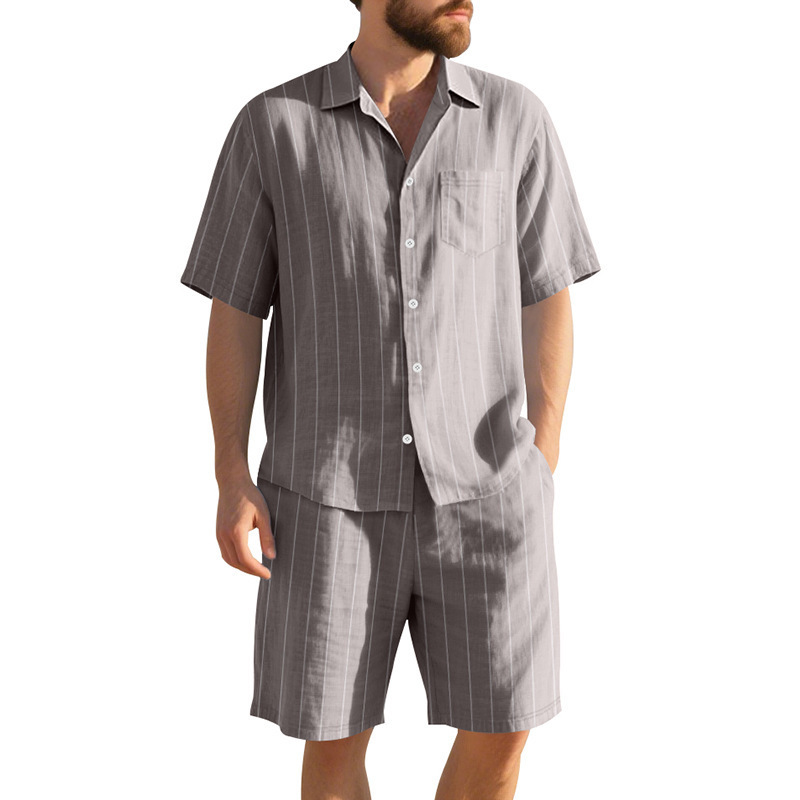 Linen Shorts Men - Zomerlinnenpak voor heren, gestreept jacquard, los
