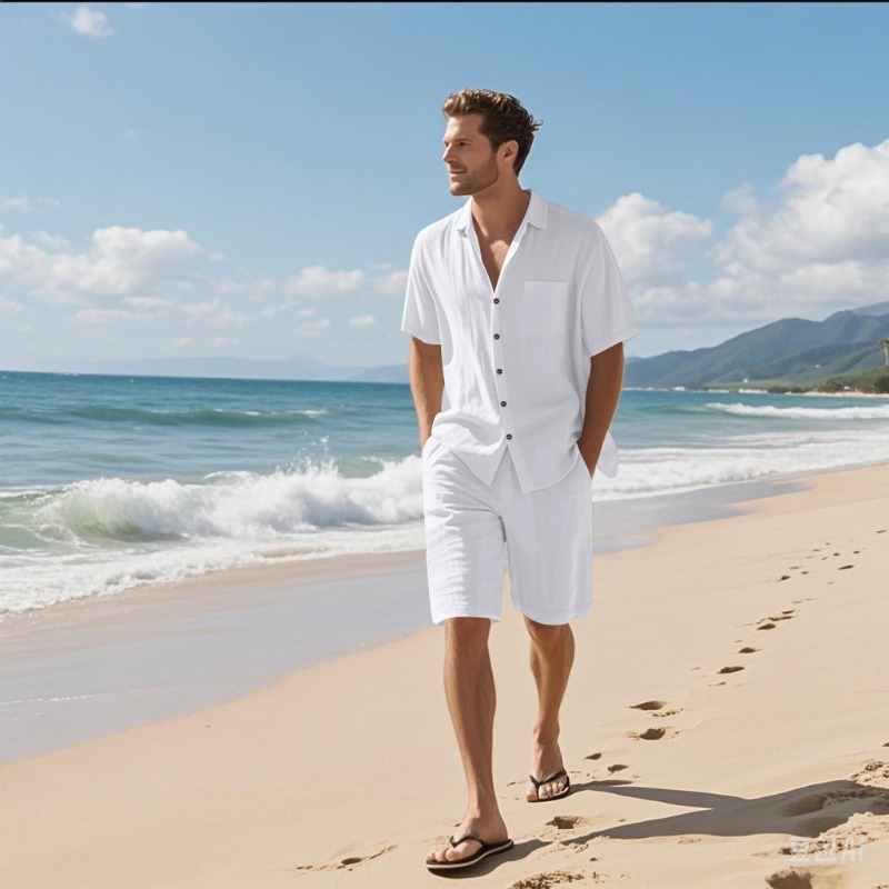 Linen Shorts Men - Heren linnenmix camp collar overhemd en