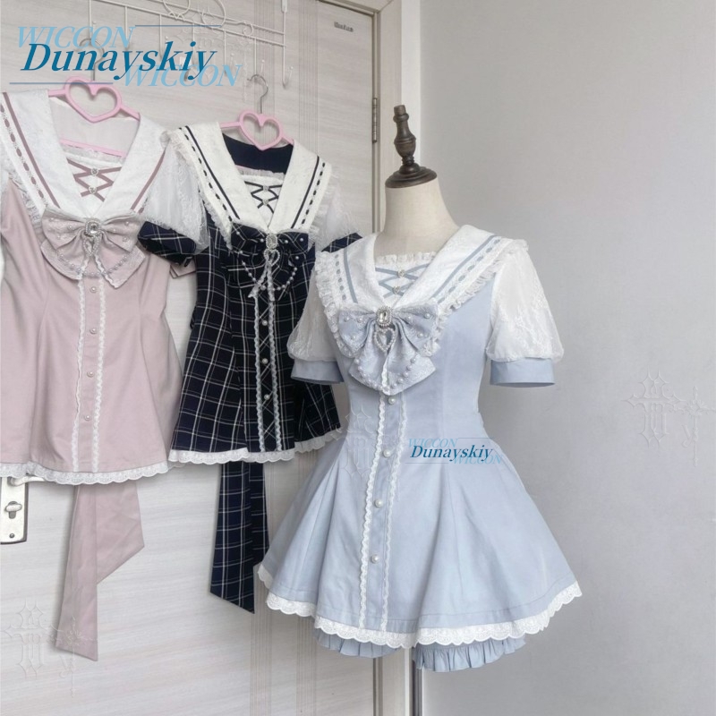 Summer Japanese Clothing - Sailor Collar Jurk Set Kant Strik