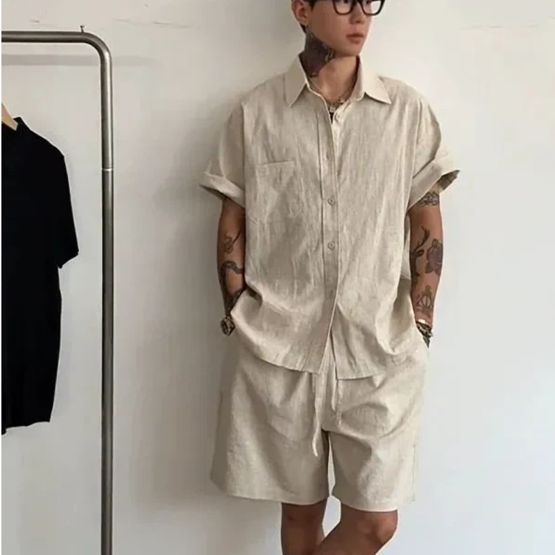 Linen Shorts Men - Heren linnen katoenen 2-delige set, losse