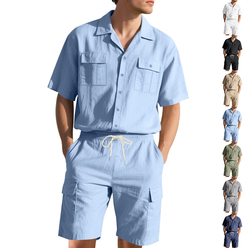 Linen Shorts Men - Heren zomerlinnen overhemd met knoopzakken, effen