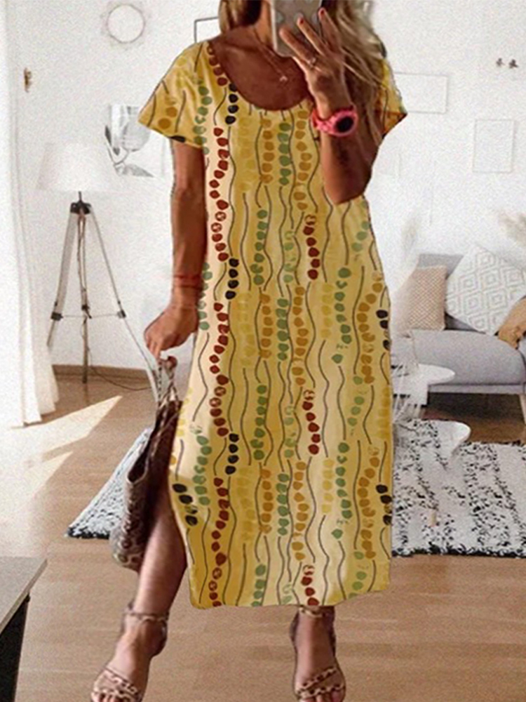 Summer Clothing For Older Women - Plus size gele midi-jurk met print,
