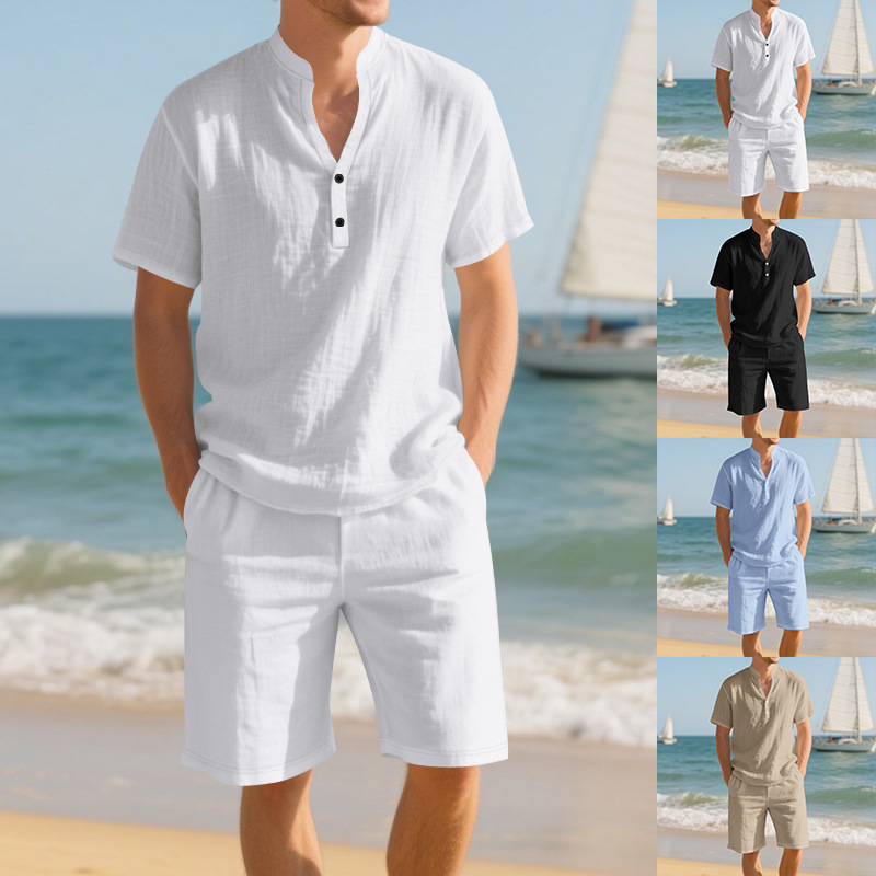 Linen Shorts Men - Zomerse losse linnen heren henley shirt